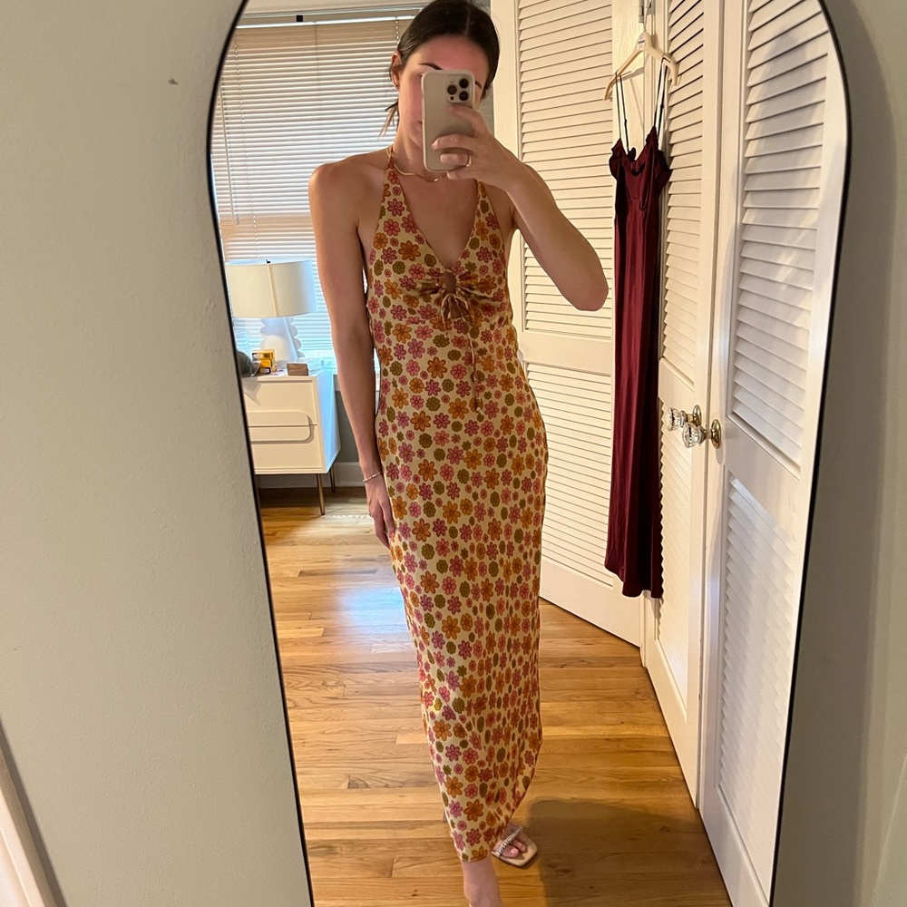 Cotton candy LA floral 70s print midi dress